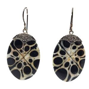 Sterling Silver Oval Shell Earrings Drop Dangle Black White Resin 925 Pierced